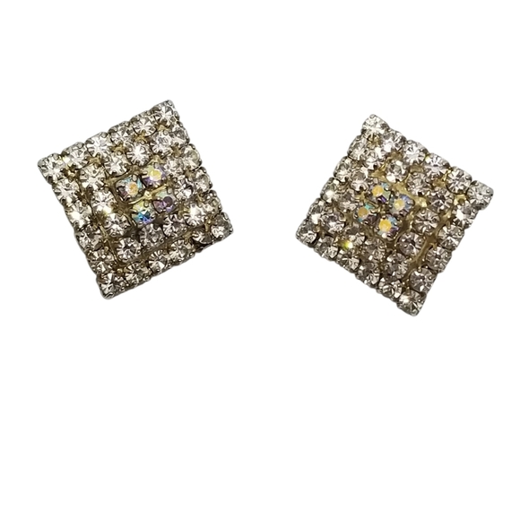 VINTAGE GOLDTONE & GLASS RHINESTONE DIAMOND SHAPE STATEMENT EARRINGS - Picture 3 of 6